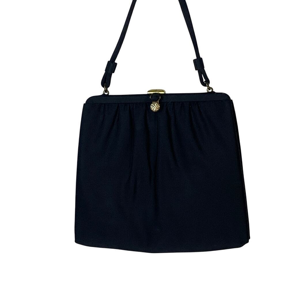 After 5 Mid Century Vintage Matte Black Satin Hinge Top Handle Evening Bag